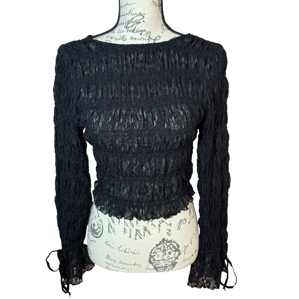 American Eagle Black Ruched Lace Long Sleeve Tie Cuff Crop Top M‎ Sample 2023